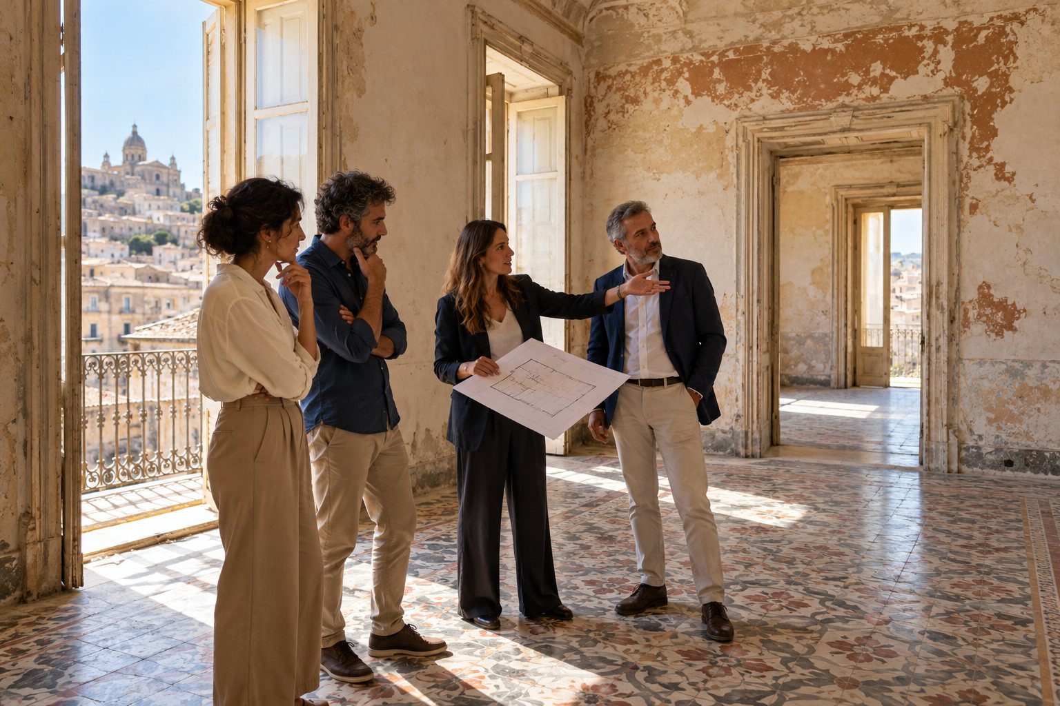 Coppia valuta con professionisti una casa da ristrutturare