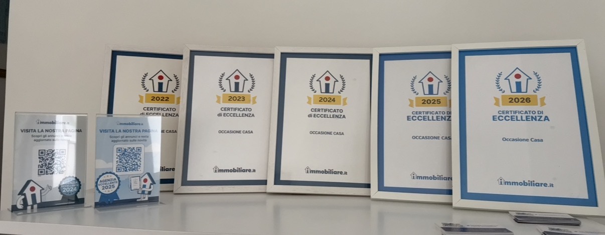 I cinque Certificati di Eccellenza Immobiliare.it dal 2022 al 2026 esposti nella sede Occasionecasa